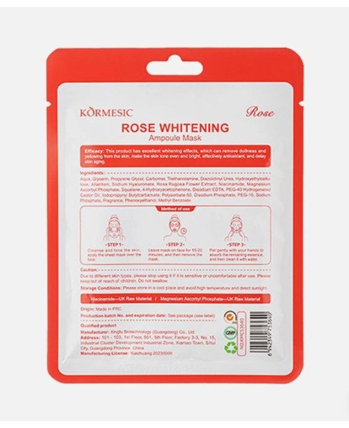 Kormesic Rose Whitening Ampoule Mask - lakštinė kaukė su skaistinančiu rožių ekstraktu | EGOSkinBeauty.lt